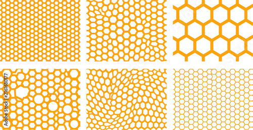 Golden hexagon pattern collection featuring diverse geometric shapes and organic structures for professional vector graphic design