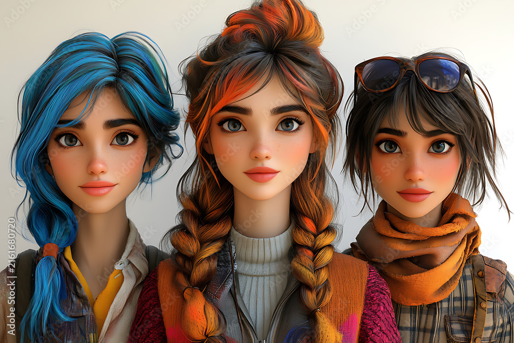 Obraz premium Three Stylish Animated Young Women Friends Group Portrait 3D Character Digital Artwork