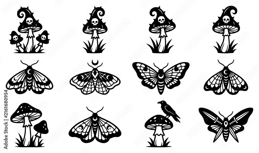 Fototapeta premium Moth and poisonous mushroom black nature symbols.