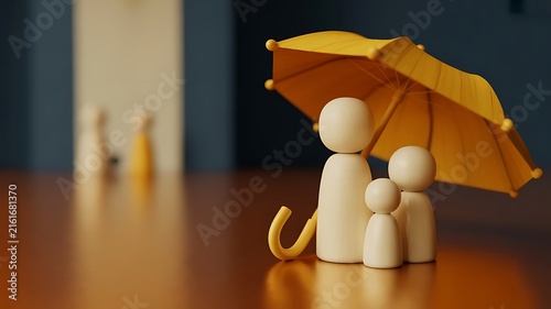 Wooden figurines representing a family standing under a large yellow umbrella concept for insurance protection and safety on dark blue background
