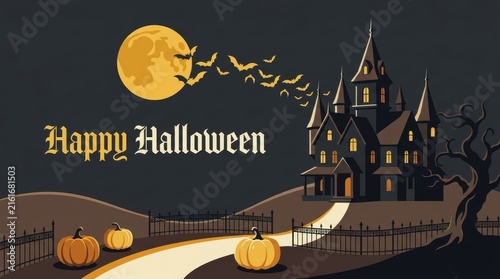 Happy halloween greeting card with haunted house pumpkins bats and full moon in the dark night sky landscape illustration