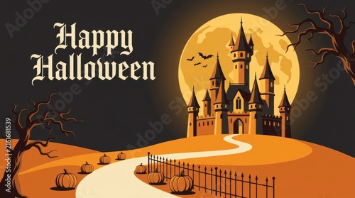 Happy halloween greeting card with a spooky castle and full moon in the dark night sky