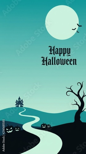 Happy halloween greeting card with a spooky haunted house path a full moon and carved pumpkins on a blue night scene