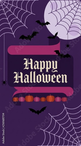 Happy halloween greeting card design with flying bats, spider webs, and a full moon on a dark purple background