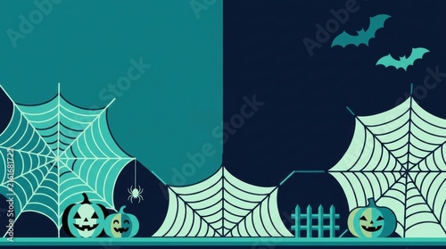 Halloween background with spooky pumpkins spider webs and flying bats in dark teal and black colors for holiday design
