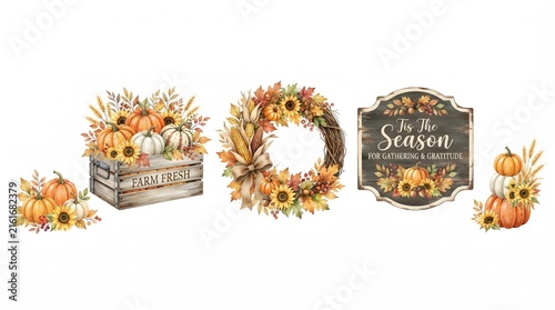 Watercolor autumn harvest collection featuring pumpkins sunflowers fall foliage wooden crates and a decorative seasonal sign isolated on a clean white background