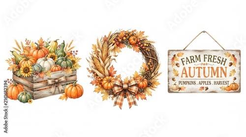 Watercolor autumn harvest set featuring a wooden crate filled with pumpkins and sunflowers a decorative fall wreath and a rustic farm fresh sign