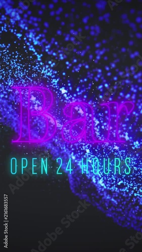 Animation of bar open 24 hours and blue glitter on black background
