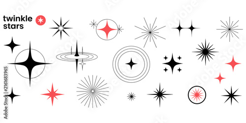 A collection of red star shapes and light bursts with different line styles and geometric patterns arranged on a black background, for projects