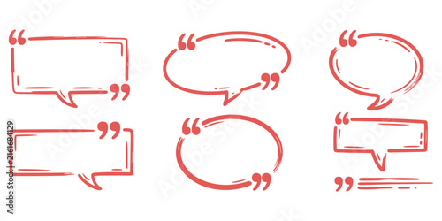 A set of six hand-drawn speech bubbles and quote boxes in red color with rough outlines and quotation marks, isolated on a black background, for text