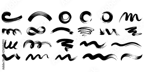 Collection of black ink brush strokes, hand-drawn artistic lines, swirls, circles, and wavy shapes, isolated on a white background, textured paint marks for