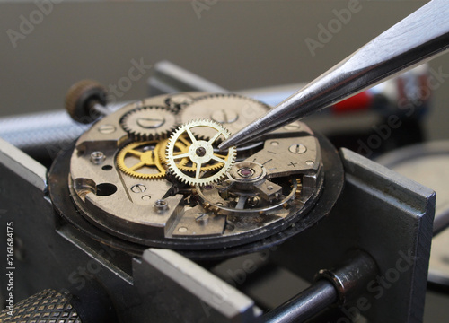 Fotografie Tweezers positioning complex watch gears for precise mechanical repair
