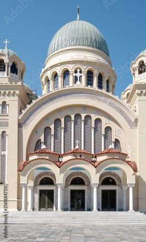 Detailed view of Agios Andreas Cathedral featuring its distinctive facade and large dome, Patras, Greece.