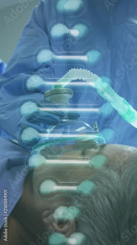Animation of dna over caucasian doctors and senior patient before operation