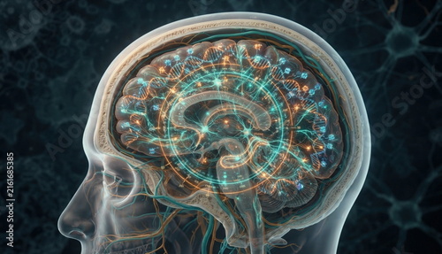 Midlife brain cutaway with dna methylation strands, epigenetic clock rings, and synaptic networks linked to aging biology