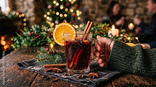 Cozy Christmas mulled wine with orange and cinnamon sticks on a wooden table
