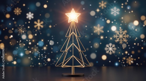 Modern minimalist golden Christmas tree with glowing star and bokeh background