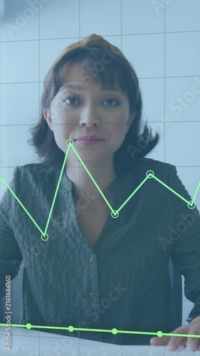 Animation of financial data processing over asian businesswoman working at office