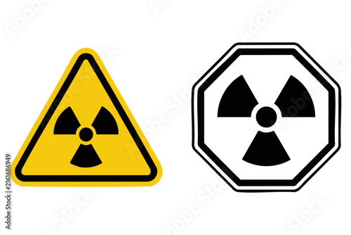 Radiation warning symbols set, yellow radioactive hazard triangle and black octagon icons, nuclear safety signs for industrial security and lab caution