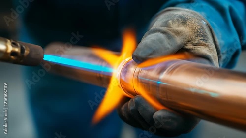 A young adult worker wearing protective gloves uses a propane torch to solder copper pipes together in a professional industrial workshop.