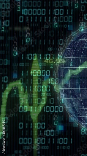 Financial data and binary coding animation over globe with stock market trends