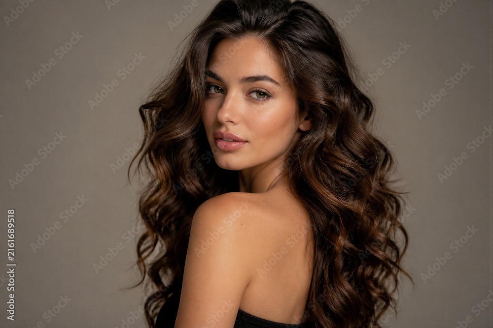 Naklejka premium Young woman posing over shoulder in studio portrait setting