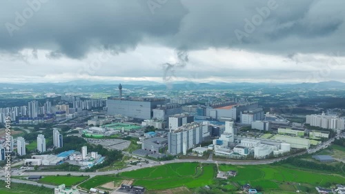 Aerial Drone View of Advanced Semiconductor Chip Manufacturing Plant and Industrial Complex in Icheon, South Korea