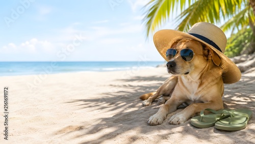 Cute tan dog wearing straw hat and sunglasses relaxing on a tropical sandy beach with ocean in background.
