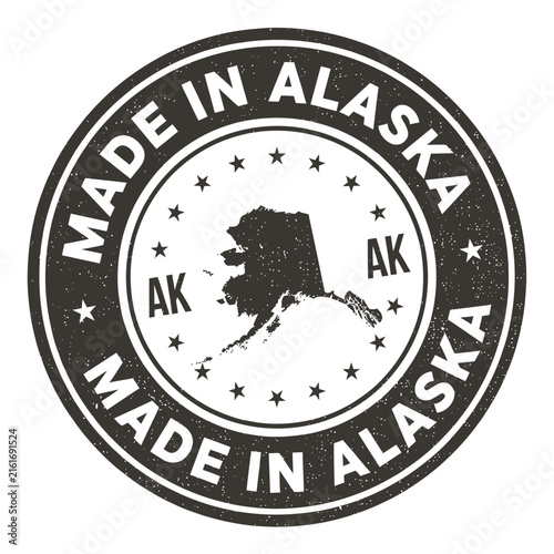 Circular alaska made in usa stamp with state map on transparent background