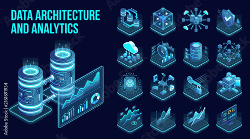 Technology icons set for workflow diagram light mode - AI and data, AI agent, machine learning, API cloud integration, server, database, security - high quality isometric vector on white background