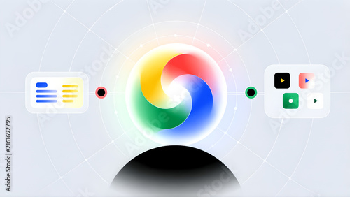 Abstract digital concept featuring a colorful glowing spiral icon with UI elements and connectivity nodes.