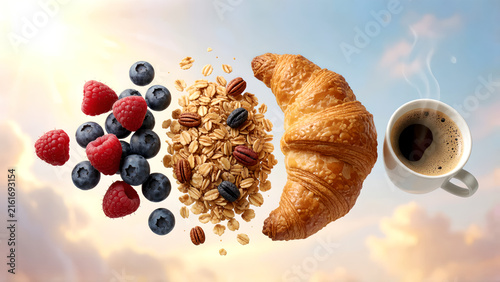Delicious breakfast composition with croissant berries granola and hot coffee against a sky background.