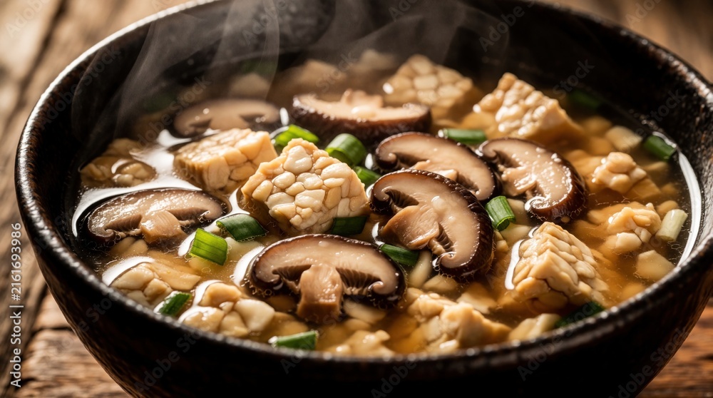 Obraz premium Steaming bowl of tempeh miso soup with mushrooms and scallions. Healthy vegan Asian dish warms from rich broth. Protein rich food for comfort.