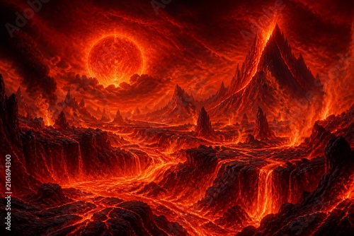 Volcanic lava river flowing across scorched molten landscape