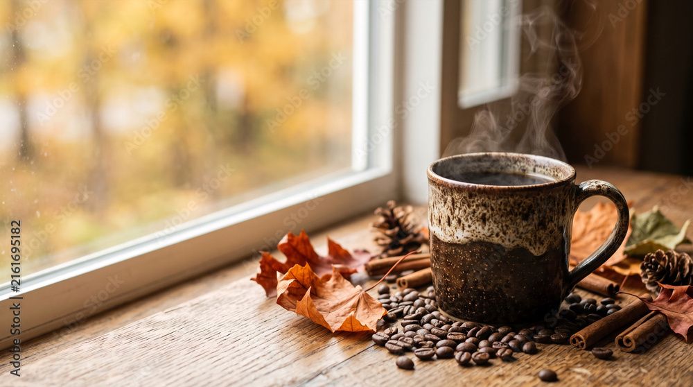 Fototapeta premium Steaming coffee cup with fall leaves and beans on wooden table by window