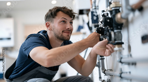 Plakat Worker mounting heating manifold multipl 1