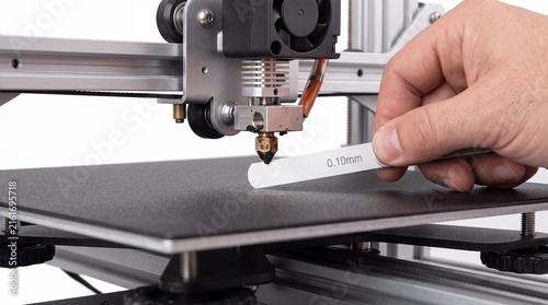 Hand using a feeler gauge to level 3D printer bed distance to nozzle, manual calibration and precision setup concept
