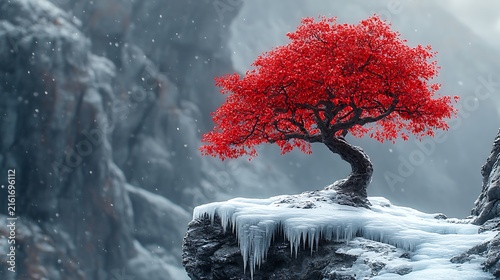 Red tree on a snowy cliff landscape