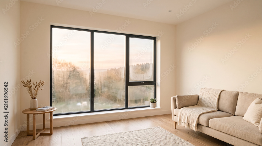 Fototapeta premium Cozy living room with large window overlooking misty landscape at sunset