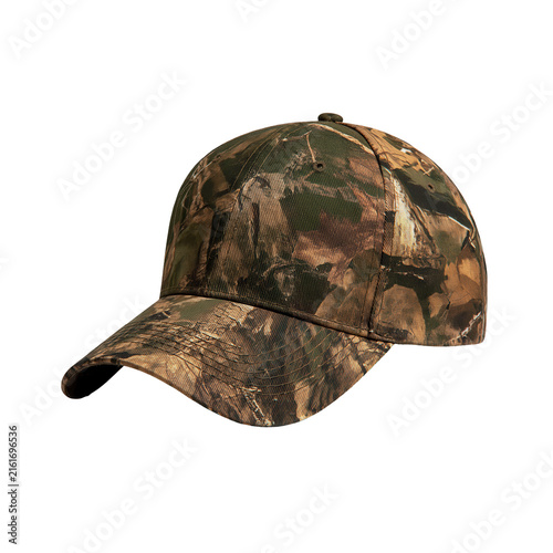 Hat with a camouflage design displayed on a plain background