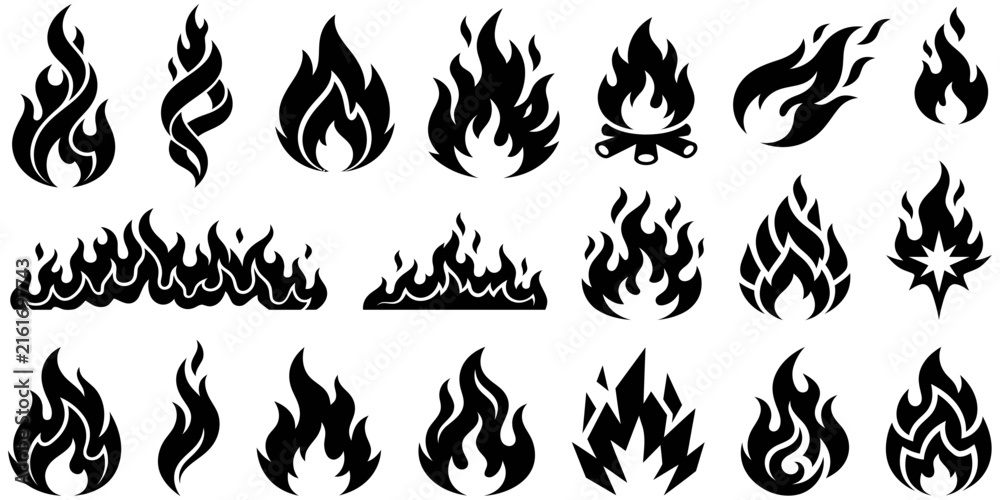 Obraz premium Set of black fire flame vector icons burning bonfire silhouette symbol design.