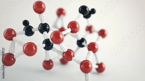 Red and black spheres connected by white rods, forming a molecular structure
