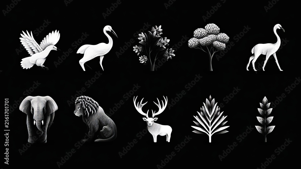 Obraz premium Intricate hand drawn animal and botanical silhouettes arranged in rows isolated against a solid black background creating elegant artistic patterns