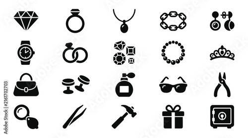 Jewelry icons in flat design with clean lines on white background for graphic design