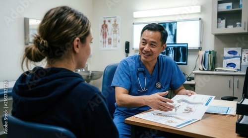 Doctor Consults Patient Showing Spinal Anatomy Chart During Medical Appointment