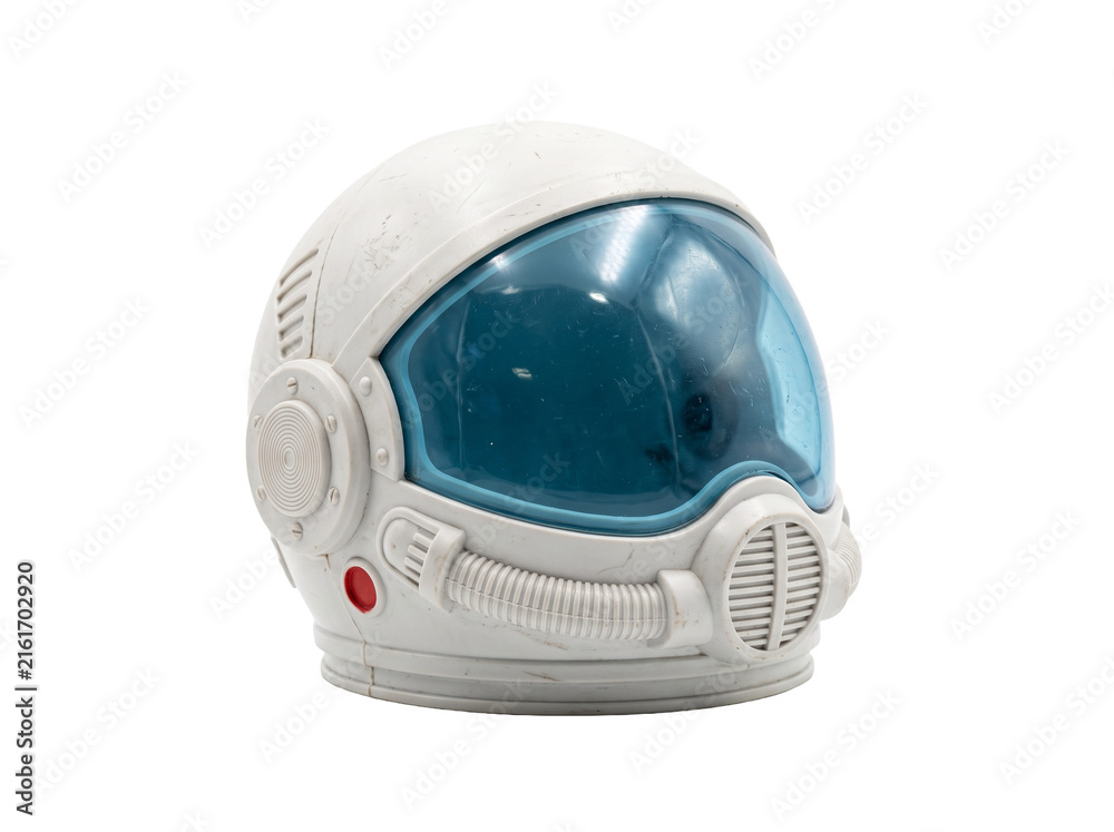 Fototapeta premium White astronaut helmet vintage space suit visor isolated on black background for science fiction exploration, cosmos journey, astronomy technology prop, futuristic astronautics, and galaxy discovery.