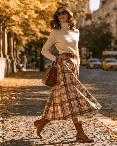 Elegant young woman wearing a cream turtleneck sweater, plaid midi skirt and brown ankle boots walking along an autumn city street