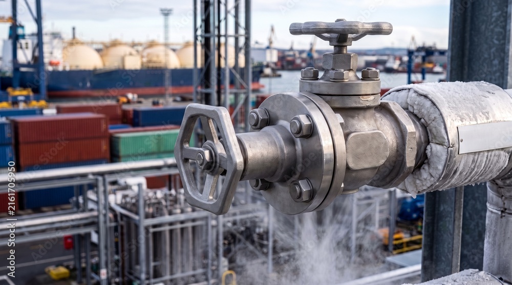 Fototapeta premium Válvula metálica en terminal portuaria de gas natural