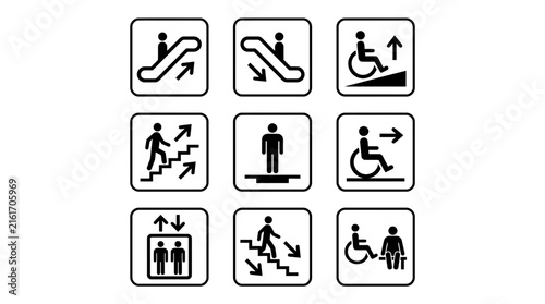 Minimalist vector graphic set showing public facility navigation icons with sharp black lines and white backgrounds
