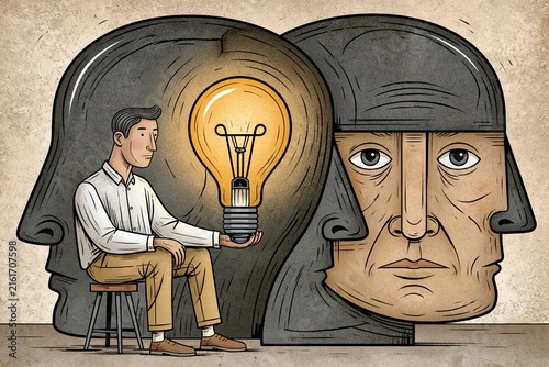 Man holding lightbulb inside human head concept art and psychology